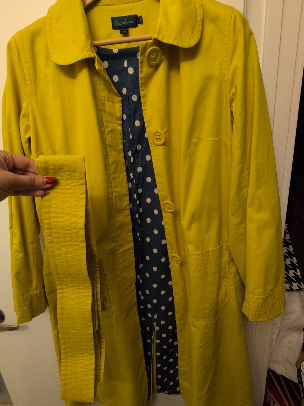 Boden Yellow Trench Coat with Navy Polka-Dot Lining - Picture 2 of 3